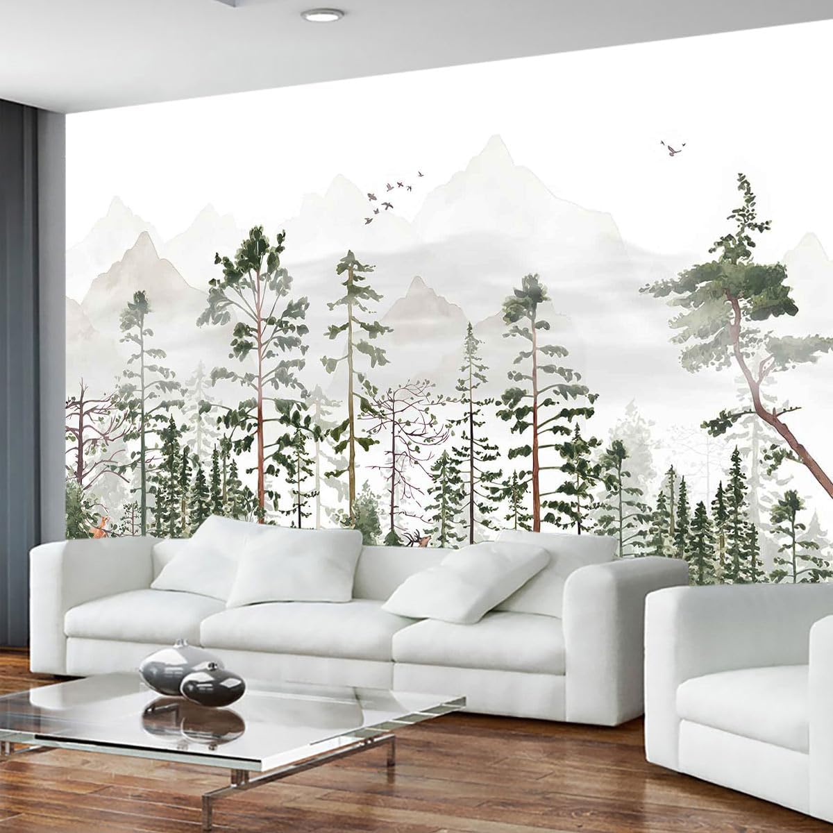 Animals Forests Birds Nature Landscapes Wall Mural, Hazy Mountains Wallpaper for Interior Background Wall Decoration（Not Peel and Stick）