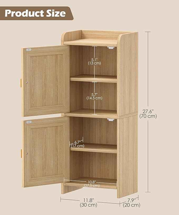 Rattan Small Bathroom Cabinet with 2 Doors, 7.9''D x 11.8''W Narrow Toilet Paper Storage Cabinet, Bathroom Organizer for Small Space, Wooden Slim Corner Unit with Adjustable Shelf, Natural Oak