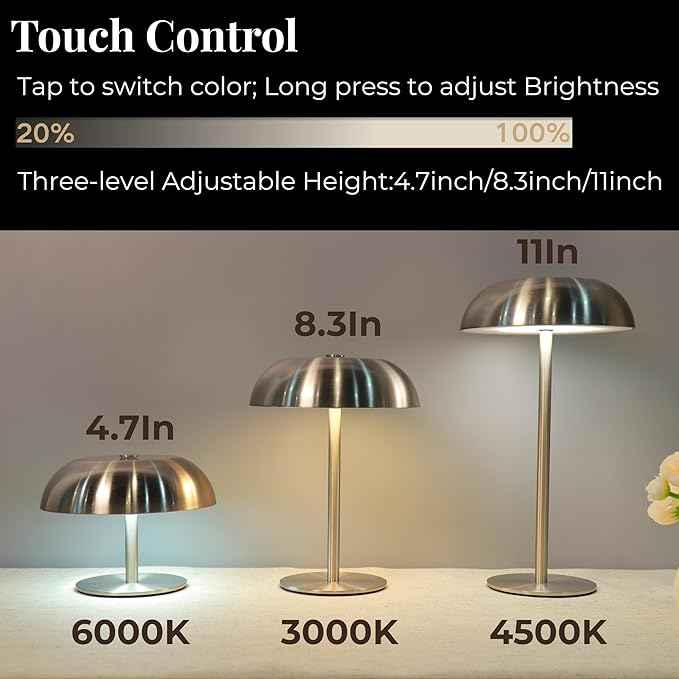 Portable Mushroom Table Lamp with 5200mAh Battery, 11'' Cordless LED Night Light with Stepless Dimming, 3 Color Modes & Adjustable Height for Bedroom/Patio/Bar Decor/Coffee Shop Ambiance (Silver-tall)