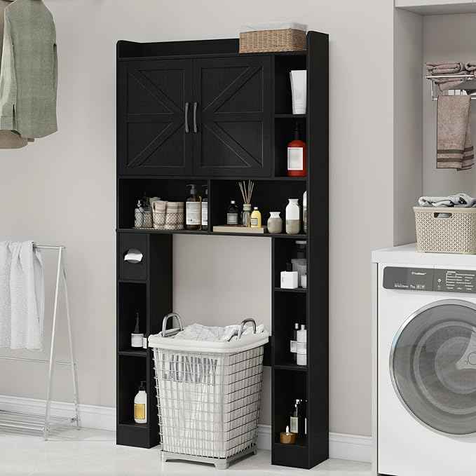 Vabches Over The Toilet Cabinet, Double Doors Bathroom Shelf Organizer with Toilet Paper Holder Stand and Open Storage Shelf, Small Freestanding Space Saver for Restroom, Bathroom, Laundry, Black