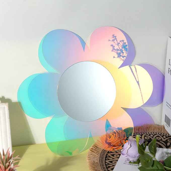 Irregular Wall Mirror Wavy Acrylic Rainbow Mirror Room Decor Aesthetic Mirrors Amorphic Vanity Retro Mirrors for Bedroom Living Room Bathroom Entryway Wall Decor ( Flower Style,12.6 x 11.6 Inches )