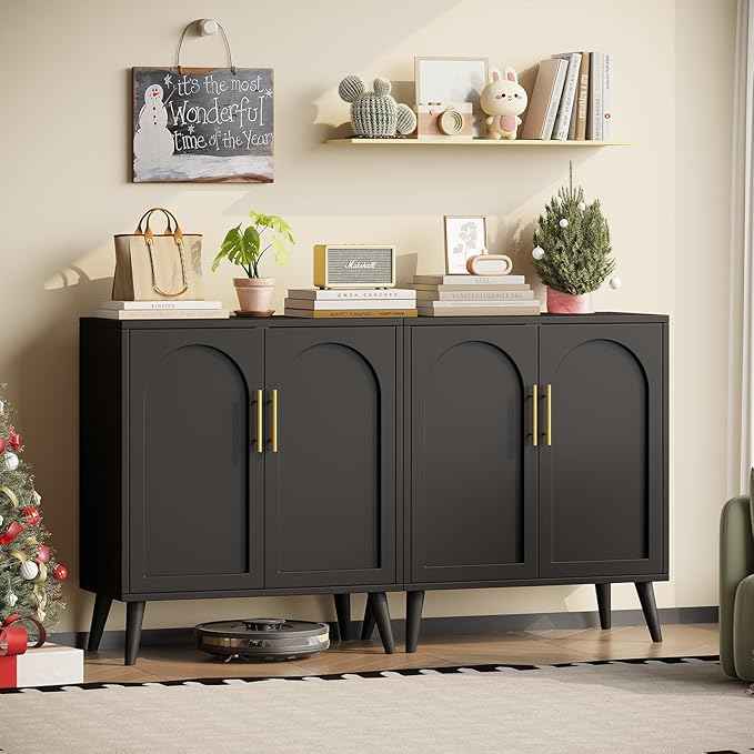 Rovaurx Set of 2 Storage Cabinet with 4 Doors, Modern Accent Bathroom Floor Cabinet, Buffet Cabinet Sideboard with Adjustable Shelves for Living Room, Entryway, Dining Room and Kitchen, Black