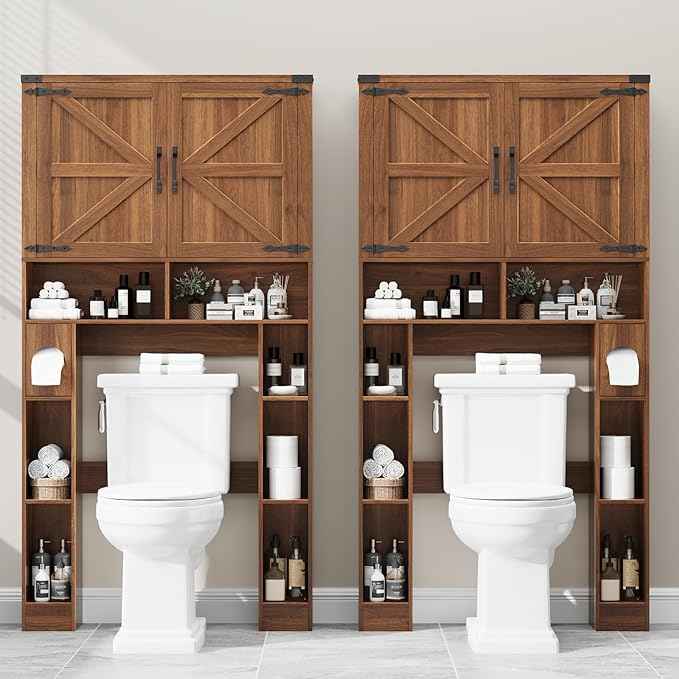 Vabches Over The Toilet Storage Cabinet, Farmhouse Storage Cabinet Over Toilet with 2 Barn Doors ，Toilet Paper Holder Stand，Home Space-Saving Toilet Rack, for Laundry, Restroom, Bathroom.Caramel.
