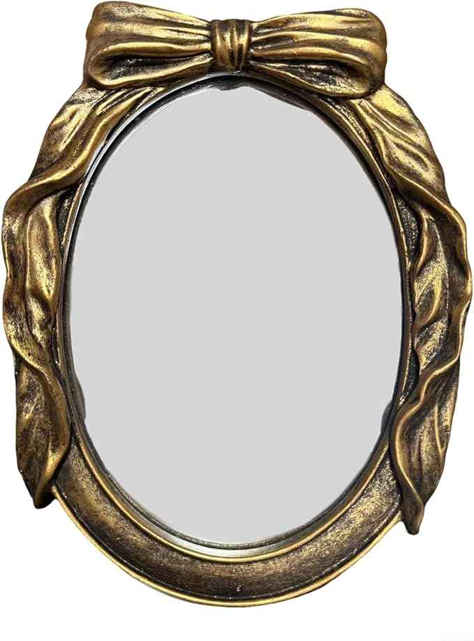Vintage Round Vanity Desk Mirror - 8x6Inch Elliptical Tabletop Decorative Ornate Gold Accent Retro Makeup Mirror for Bedroom Dresser Living Room Bathroom Dorm Champagne Gold