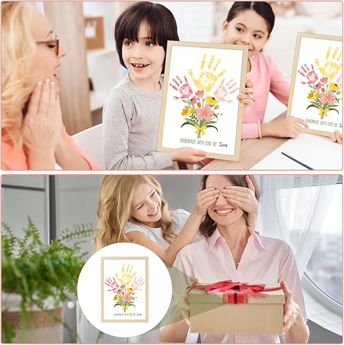 QOUBAI Flower Bouquet Handprint Art Craft DIY Kit Mother's Day Gifts from Daughter or Son Children Adults Handprint Keepsake for Mom Grandma Birthday Gifts Christmas (12X16in, with Wood Frame)