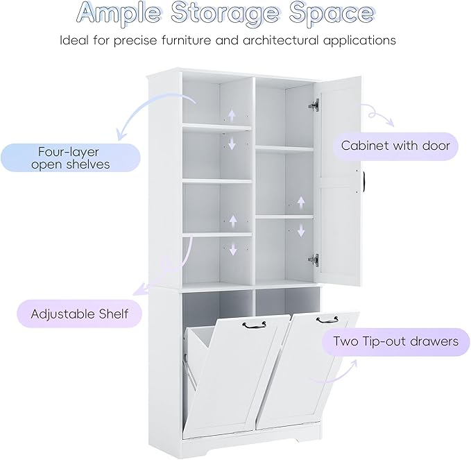 68" Tall Bathroom Storage Cabinet with Two Doors and Two Laundry Hampers for Home Display Organizer, Adjustable Shelf, White
