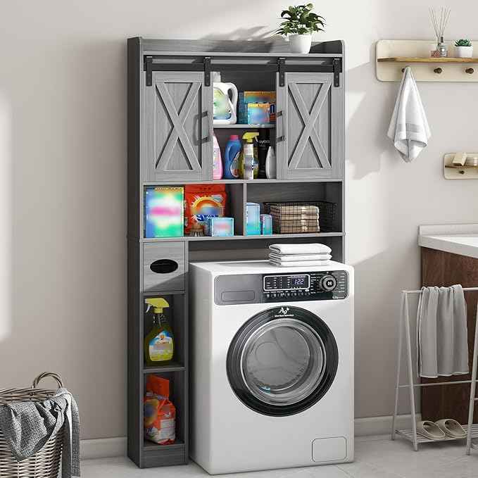 Farmhouse Over The Toilet Storage Cabinet with Sliding Door & Toilet Paper Holder Stand, Space-Saving for Bathroom & Restroom, Wash Grey