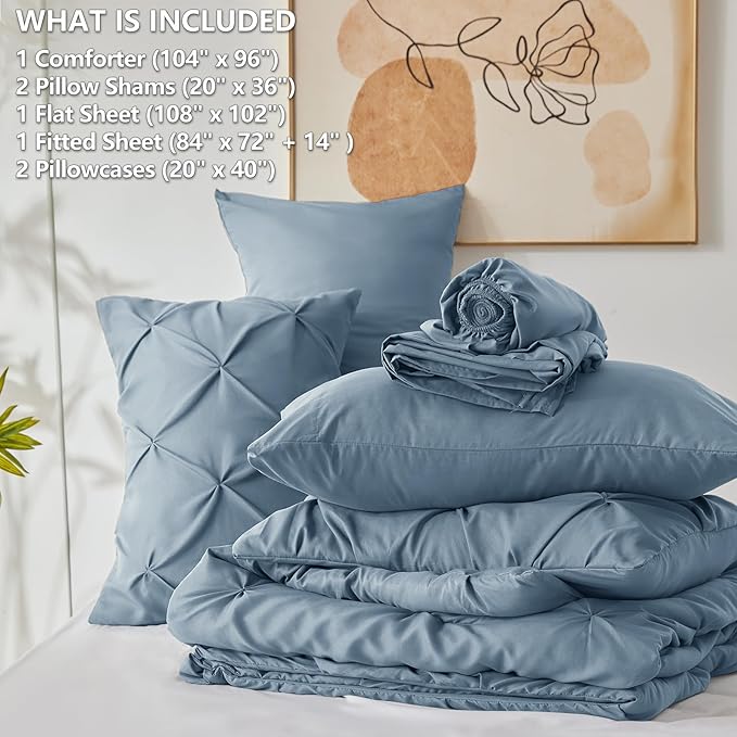 CozyLux California King Comforter Set Mineral Blue, 7 Pieces Cal King Pintuck Bed in A Bag, Pinch Pleat Bedding Sets with All Season Comforter, Flat Sheet, Fitted Sheet, Pillowcases & Shams