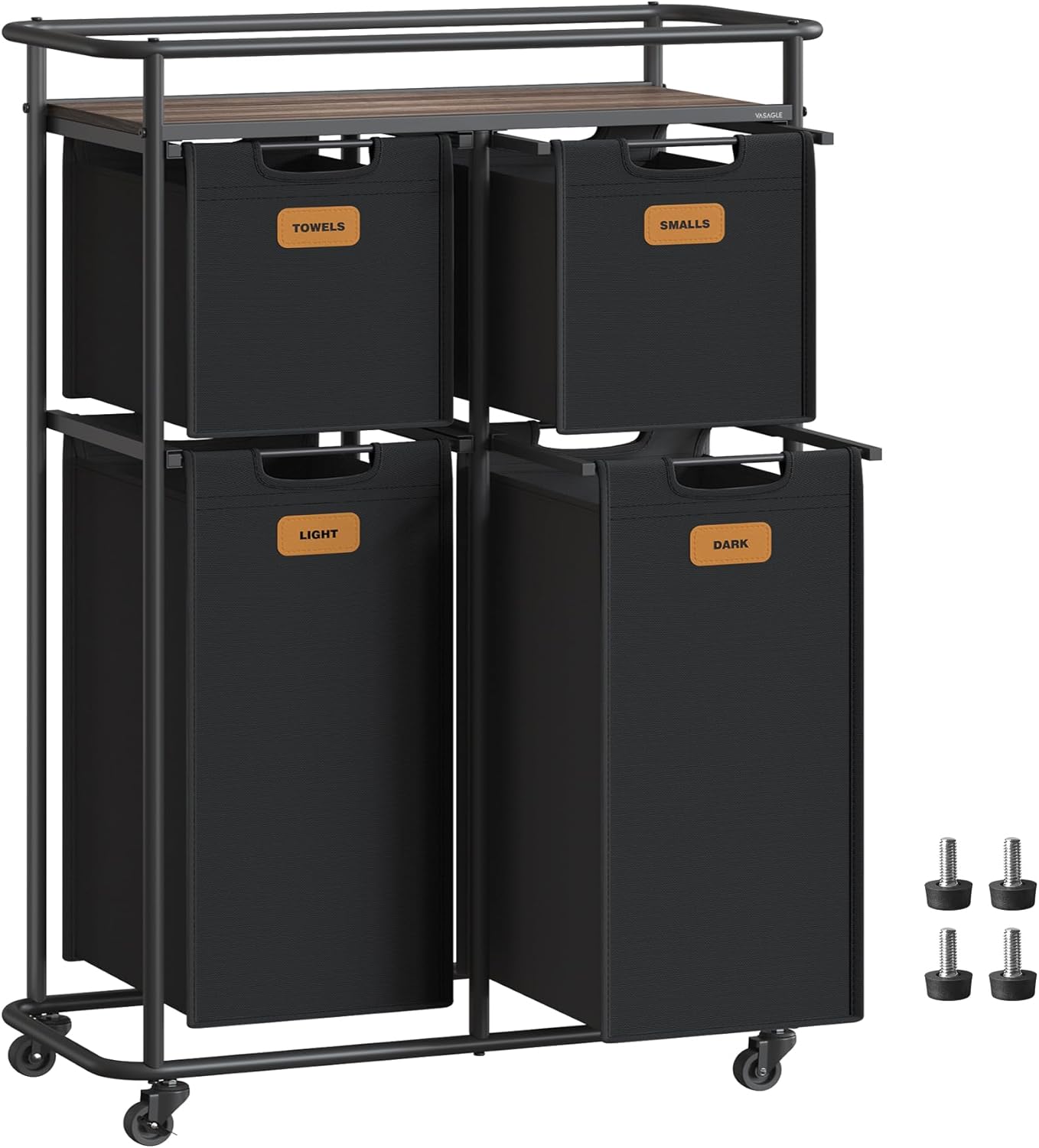 VASAGLE Laundry Sorter, Laundry Hamper with Wheels, 39.6 Gal. (150 L) Portable Rolling Cart Baskets with Shelf, 4 Removable Liners and 6 Labels, Ink Black and Chestnut Brown URLS100B01