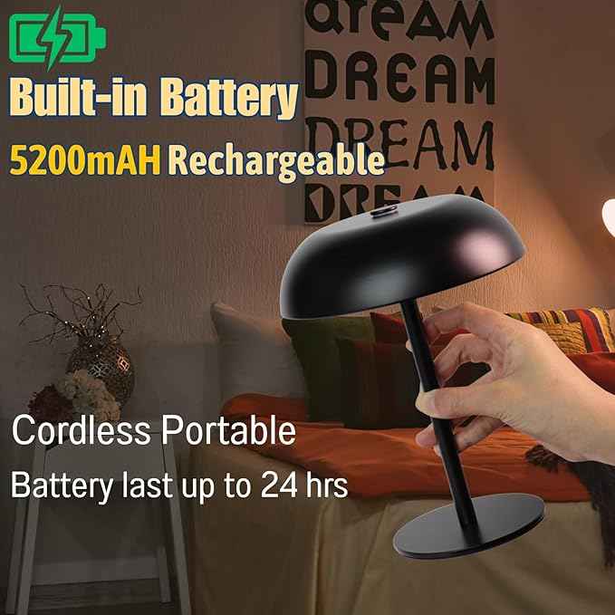 Portable LED Mushroom Table Lamp, 8.46'' Small Cordless Desk Night Light with 5200mAh Rechargeable Battery, Stepless Dimming Lamp with 3 Colors for Bedroom/Bar/Coffee Shop (Black)