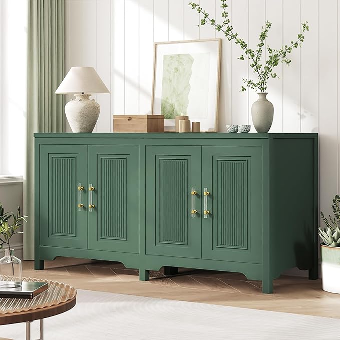 55" Buffet Cabinet with Storage, Modern Fluted Door Design Sideboard Buffet Cabinet with Adjustable Shelf, Coffee Bar Station for Kitchen, Dining Room, Green