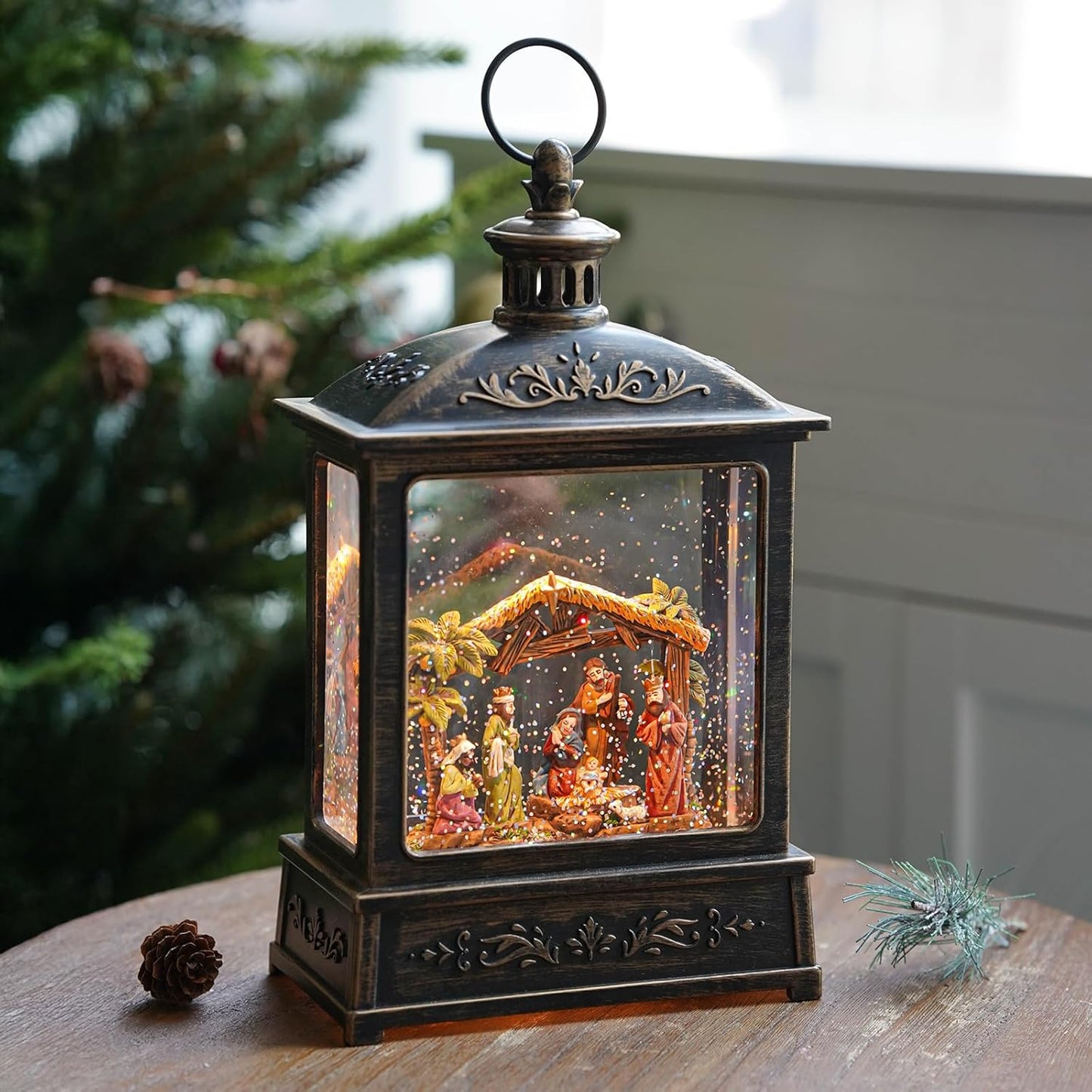 12.5'' Christmas Snow Globe Lighted Manger Nativity Scene, Musical Water Lantern Play Silent Night Music in Swirling Glitter, for Home, Battery Operated or USB Powered