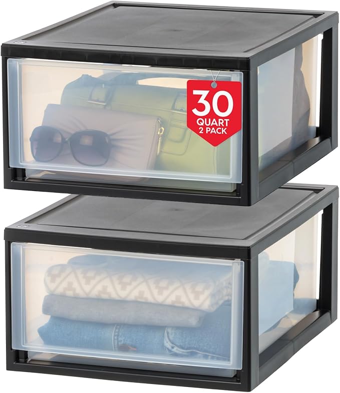 IRIS USA 30 Qt. Plastic Drawer Storage Organizer Stacking Drawers, 2-Pack, Stackable Unit with Sliding Drawer for Clothes Bedroom Kitchen Under Sink Pantry Craft Room Bathroom Dorm Office, Black