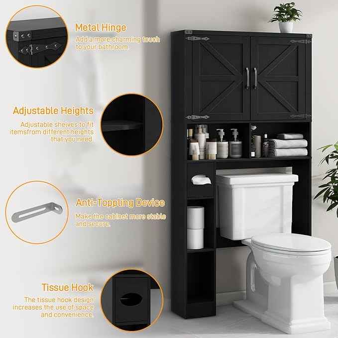 Vabches Over The Toilet Storage Cabinet, Farmhouse Storage Cabinet Over Toilet with 2 Barn Doors && Toilet Paper Holder Stand，Home Space-Saving Toilet Rack, for Laundry, Restroom, Bathroom.Pure Black