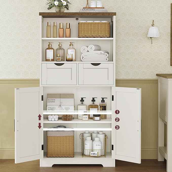 TEENFON Storage Cabinet with Doors & 2 Drawers, Kitchen Cabinet with Adjustable Shelf, Pantry Cabinets, Bathroom Cabinets, for Living Room, Entryway, Home Office, White