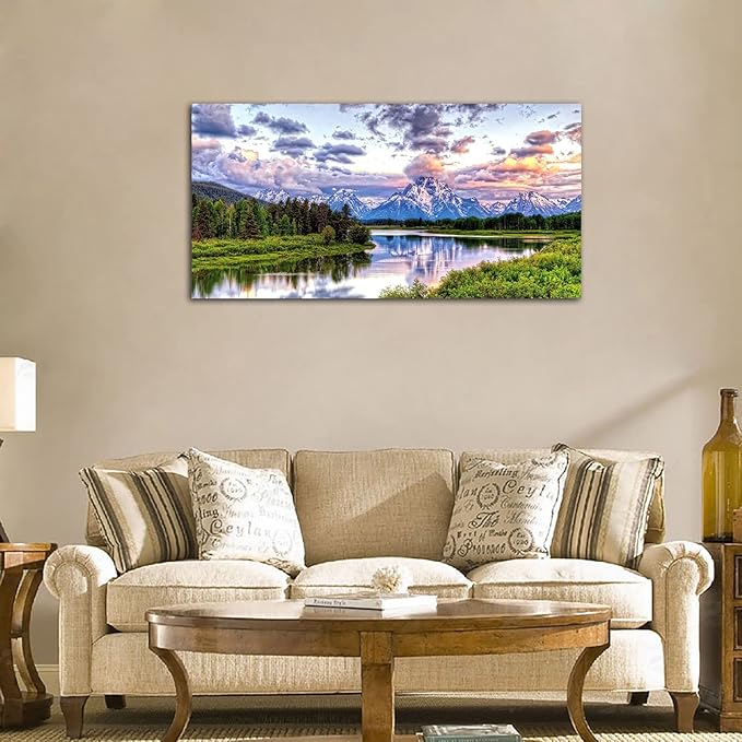 Landscape Canvas Wall Art Nature Picture Oxbow Bend Grand Teton National Park Modern Canvas Artwork River and Forest Contemporary Wall Art Large Size for Home Office Decoration 20" x 40"