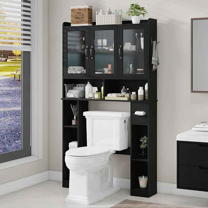 Vabches Over The Toilet Storage Cabinet,Farmhouse Bathroom Organizer with Glass Doors and Adjustable Shelf,Home Space-Saving Toilet Rack,for Restroom,Bathroom, Laundry