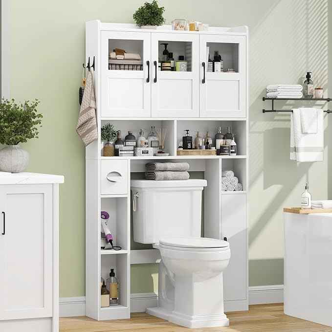 Over The Toilet Cabinet,Farmhouse Toilet Cabinet Rack with 3 Acrylic Doors and Adjustable Storage Shelf,Space Saving Bathroom Organizer with Toilet Paper Holder Stand for Restroom, Laundry，White