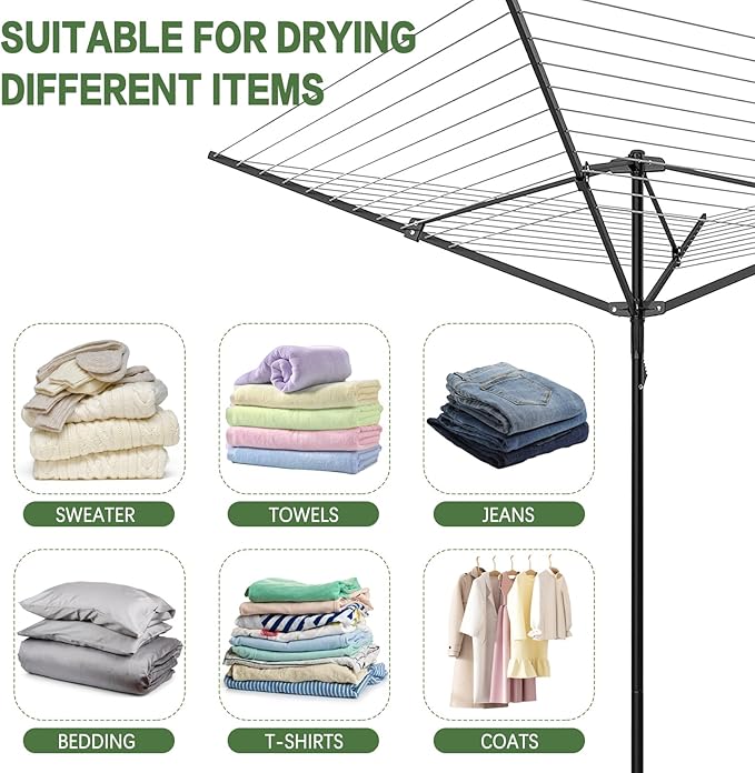 Outdoor Umbrella Drying Rack,Rotary Retractable Clothes Line,Outdoors Adjustable Height Drying Rack Clothing 12 Lines 4 Arms with 165 Feet Drying Space,Collapsible Clothes Drying Rack for Backyard