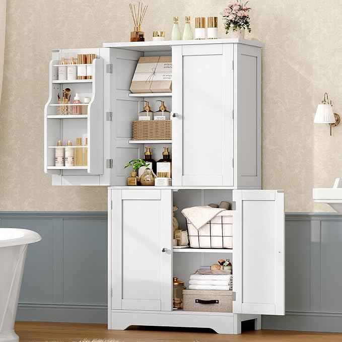 TEENFON 51" H Pantry Cabinet with 4 Doors, Kitchen Cabinet with 6 Door Shelves, Storage Cabinet for Living Room, Dining Room, Bathroom, White