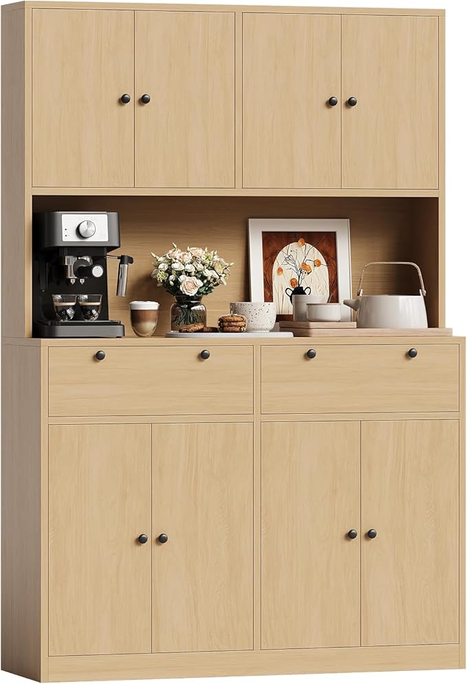 Garvee 71" Tall Kitchen Pantry Storage Cabinet with Charging Station, Food Hutch with Drawers, Doors, Shelves, and Countertop for Dining Room