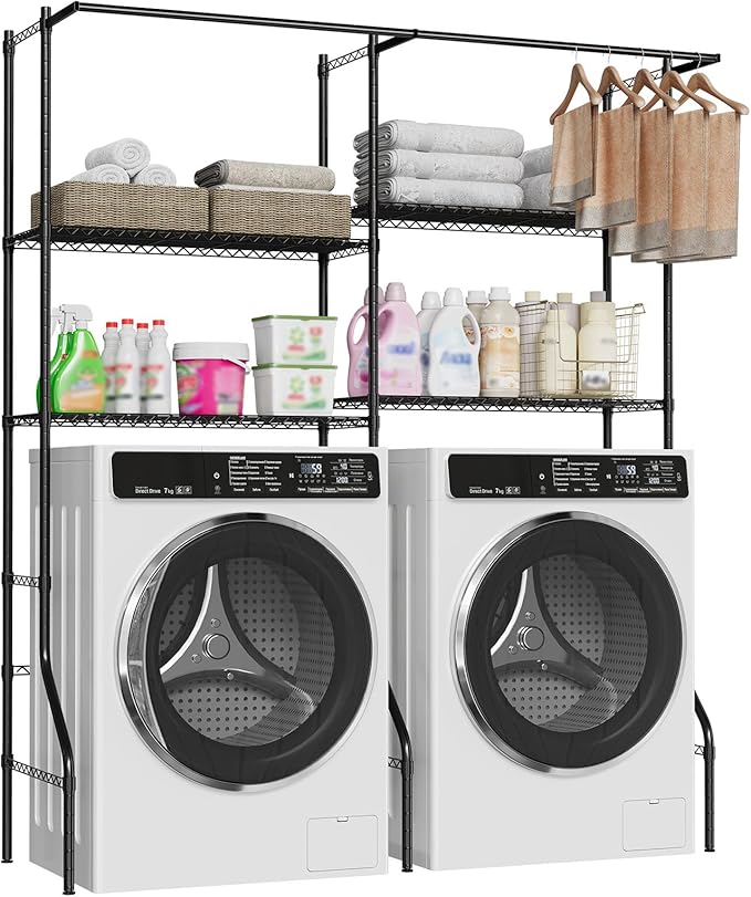 Over Washer and Dryer Storage Shelves, Adjustable Height 4-Tier Clothes Drying Rack with Hanger Rod & Hook, Heavy Duty Laundry Room Storage Organization, Space Saving, Black