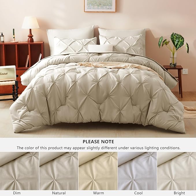 CozyLux Full Size Comforter Sets Oatmeal, 7 Pieces Pintuck Bed in A Bag Oatmeal Comforter Full Size, Pinch Pleat Bedding Sets with All Season Comforter, Sheets, Pillowcases & Shams