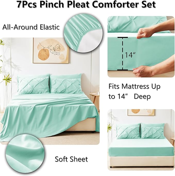 CozyLux Full Size Comforter Sets Mint Green, 7 Pieces Pintuck Bed in A Bag Green Comforter Full Size, Pinch Pleat Bedding Sets with All Season Comforter, Flat Sheet, Fitted Sheet, Pillowcases & Shams