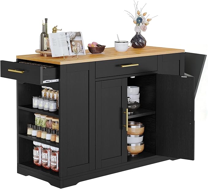 YITAHOME 53 Inch Large Rolling Kitchen Island with Trash Can Storage Cabinet, Portable Mobile Islands Table Long Floating Movable w Wheels Cabinet for 13 Gallon Garbage Bin 2 Drawer, Black