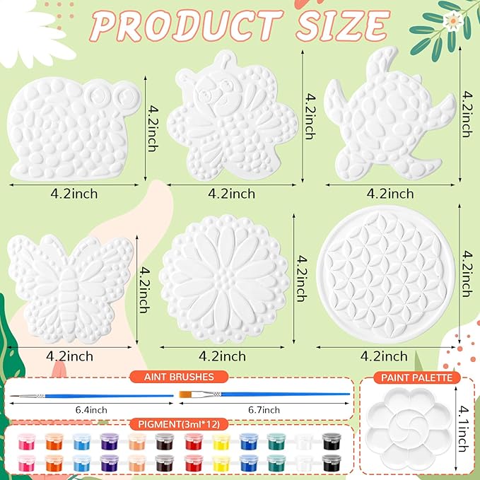 6 Pack Stepping Stone Ceramic Kit for Kids Paint Your Own Plaster Stones Arts and Crafts Handprint Garden and Spring DIY Craft Pottery Outdoor Painting Gifts for Kids Ages 4-12