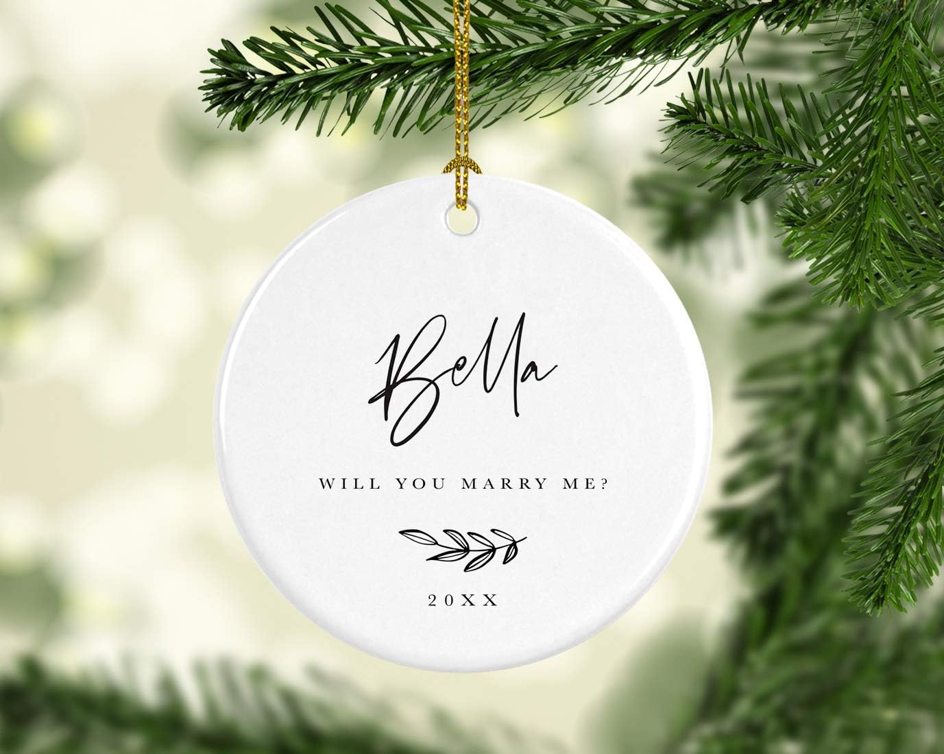Andaz Press Personalized Engagement Proposal Round Ceramic Porcelain Christmas Tree Ornament Keepsake Gift, Olivia Will You Marry Me?, Antique Handdrawn, 1-Pack Will You Marry Me Christmas Ornament