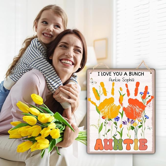 DIY Baby's First Mothers Day Handprint Flowers Hanging Sign Gifts for New Aunt, Floral Garden for First Time Auntie with Kids Toddler Handprint Art Craft Keepsake Mothers Day for Best Aunt Ever Gifts