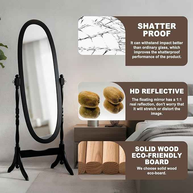 Full Length Mirror with Stand, Vintage Style Wood Floor Cheval Mirror, Traditional Adjustable Free Standing Mirrors Full Length (Black)