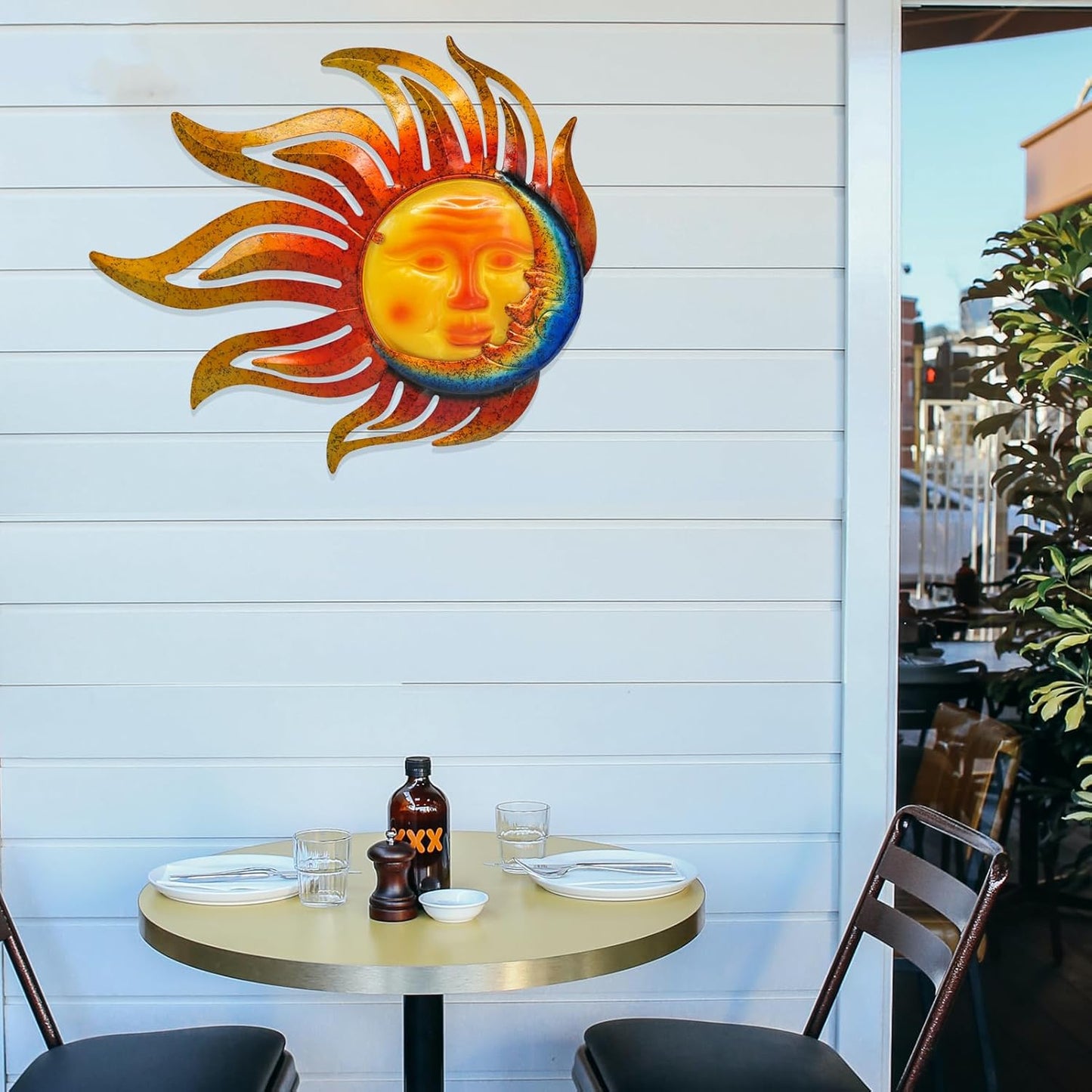 Tuokiuhn Large Sun Metal Outdoor Wall Art Decor Metal Sun Moon Wall Decor Outdoor Art Hanging Living Room Garden 28 Inch