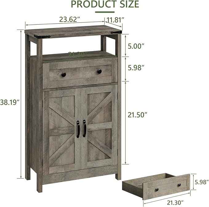 Vabches Small Cabinet with Drawer - Side Storage Organizer, Farmhouse Rustic Style, Grey for Bathroom, Kitchen, Living Room