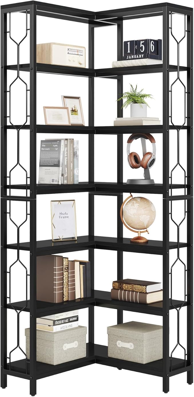 Tribesigns Corner Shelf, 7-Tier Industrial Corner Bookshelf, Wood and Metal Corner Etagere Bookcase, Freestanding Display Shelf for Living Room, Kitchen, Home Office, Light Black