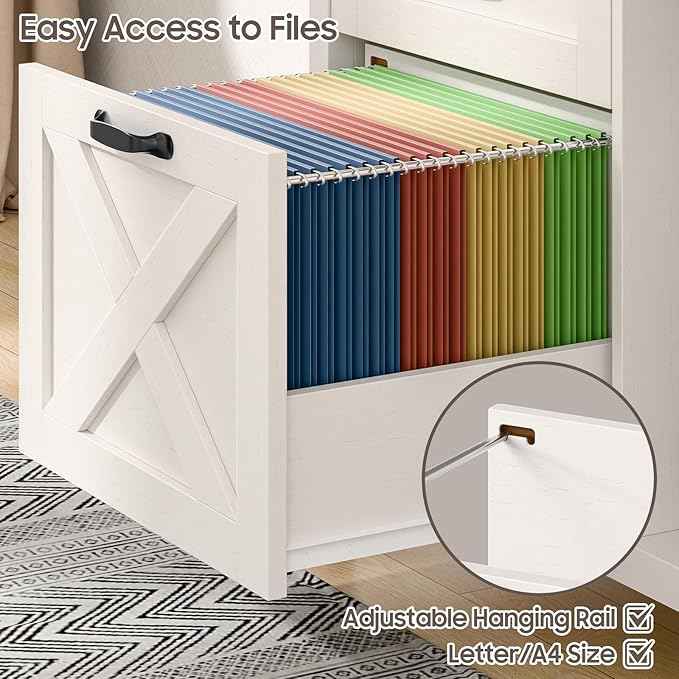 Vabches Lateral File Cabinet, Farmhouse 2 Drawer File Cabinet with Open Storage Shelf for Letter/Legal/A4 Size Hanging Files, Large Wood Storage Cabinets Printer Stand for Home Office, White
