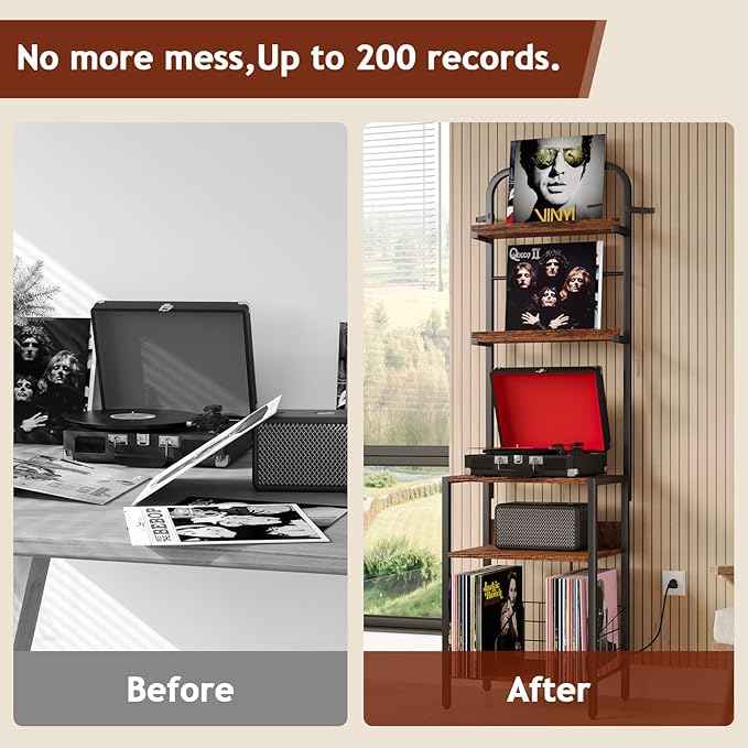 Record Player Stand with Power Outlet, Turntable Stand with 2-Tier Vinyl Record Storage, Record Player Table Up to 200 Albums, End Table for Vinyl Record Holder for Living Room