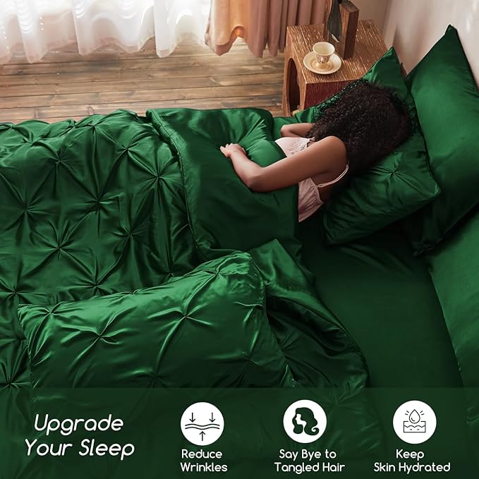 MR&HM Satin Comforter California King 7 Pieces Dark Green - Luxurious Pinch Pleat Bedding Set with Comforter, Flat Sheet, Fitted Sheet, Pillowcases & Shams, Super Silky Soft Bed Set for All Season