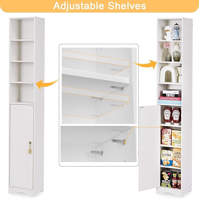 VECELO Narrow Tall Storage Cabinet, Modern Multi-Purpose Bookshelf with Adjustable Shelves & Closed Door, for Kitchen, Living Room, Bathroom, Bedroom, White