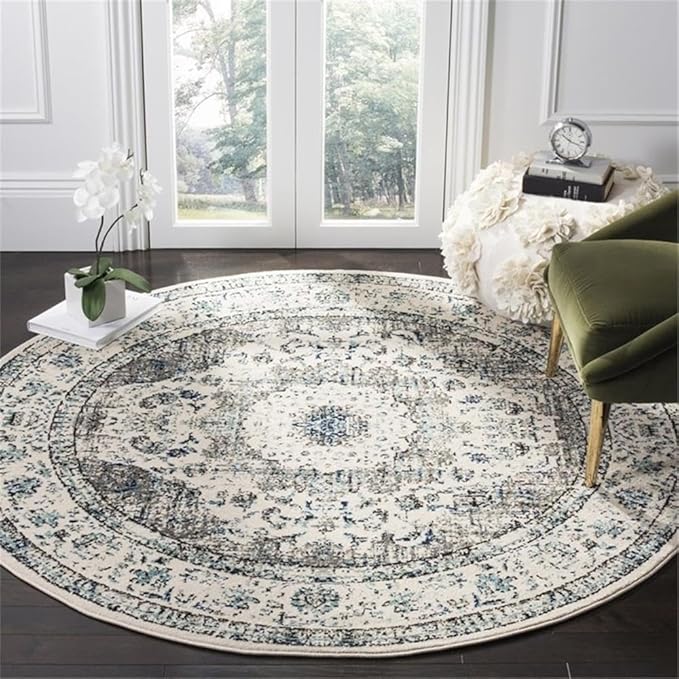 SAFAVIEH Evoke Collection Area Rug - 4' Round, Ivory & Grey, Shabby Chic Oriental Medallion Design, Non-Shedding & Easy to Clean, Ideal for Living Room, Bedroom, Dining Space (EVK220D)