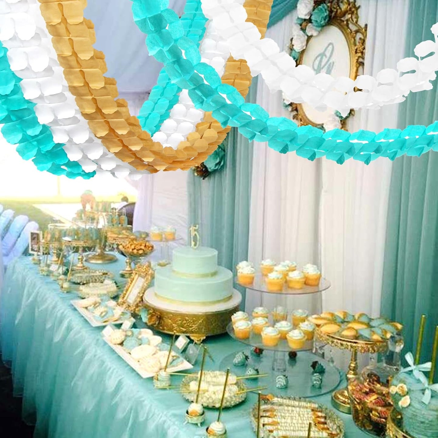 Teal-Gold Sage Green Party-Decorations Streamers Garland - 157Ft Four-Leaf Clover Hanging Banner, Wedding Engagement Bachelorette Birthday Baby Bridal Shower Decor Hugtmr