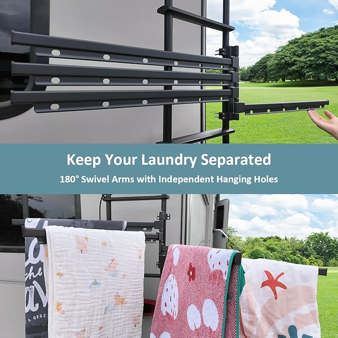RV Ladder Mounted Clothes Drying Rack - Extended Arms, Large Capacity, Must-Have Camper & Travel Trailer Aluminum Accessories
