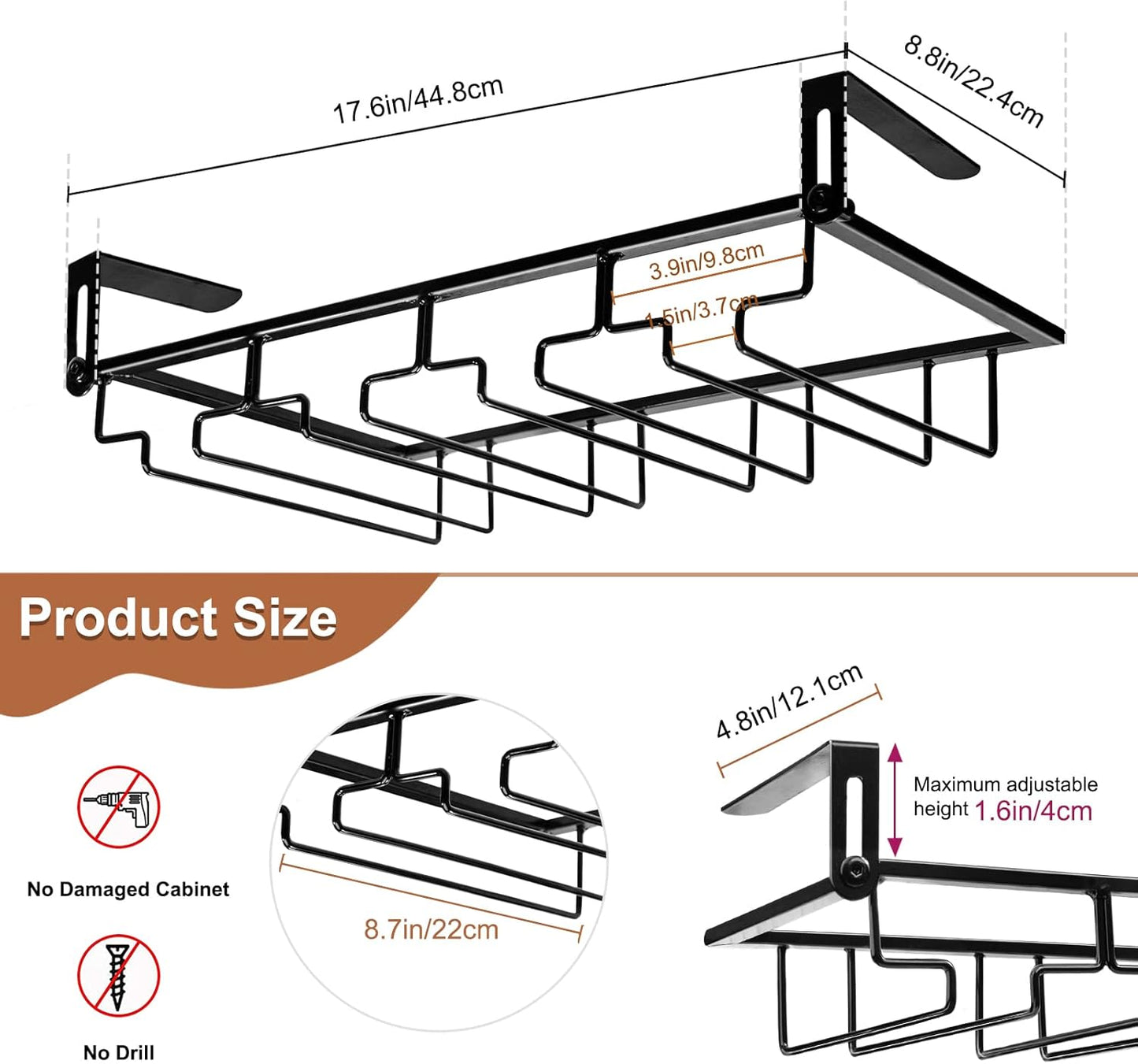 AUHOKY 2Pcs Adjustable Under Cabinet Stemware Metal Glass Holder, Hanging Wine Glass Storage Hanger Organizer for Shelf Kitchen Bar Decor(4 Rows, Black)