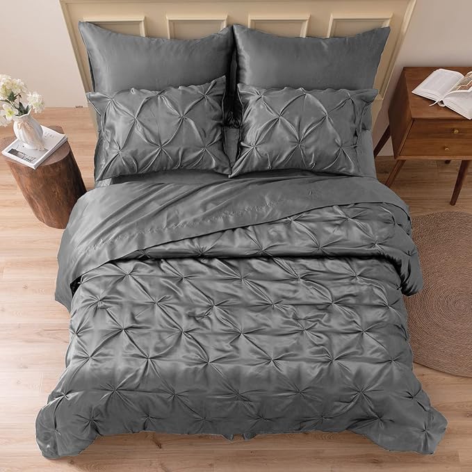 MR&HM Satin Comforter California King 7 Pieces Dark Grey - Luxurious Pinch Pleat Bedding Set with Comforter, Flat Sheet, Fitted Sheet, Pillowcases & Shams, Super Silky Soft Bed Set for All Season