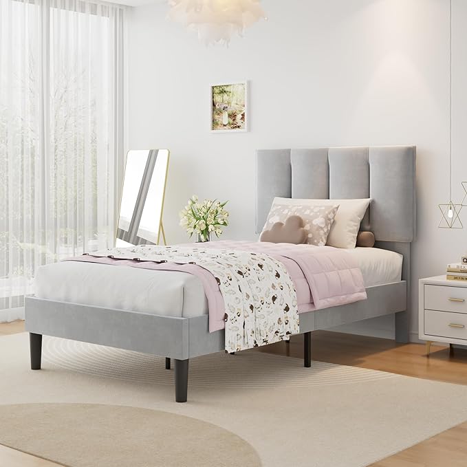 VECELO Twin Size Bed Frame with Upholstered Headboard, Heavy-Duty Bedframe with Wooden Slats & Steel Framework, Easy Assembly, Light Grey