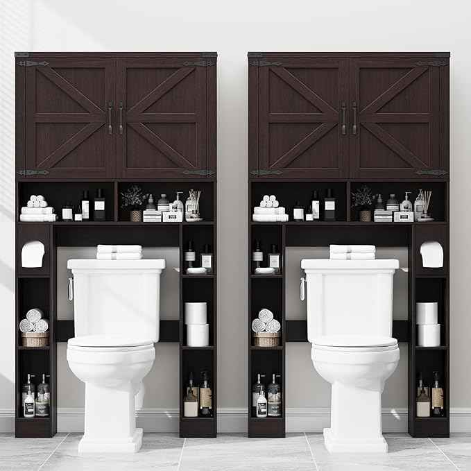 Vabches Over The Toilet Storage Cabinet, Farmhouse Storage Cabinet Over Toilet with 2 Barn Doors ，Toilet Paper Holder Stand，Home Space-Saving Toilet Rack, for Laundry, Restroom, Bathroom(Walnut)