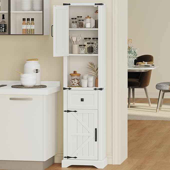 66" Tall Farmhouse Bathroom Storage Cabinet with Barn Doors and Drawer, Narrow Storage Unit, Adjustable Shelves & 5-Tier Space, Freestanding Cabinet for Bathroom, Living Room, Kitchen,Cream White