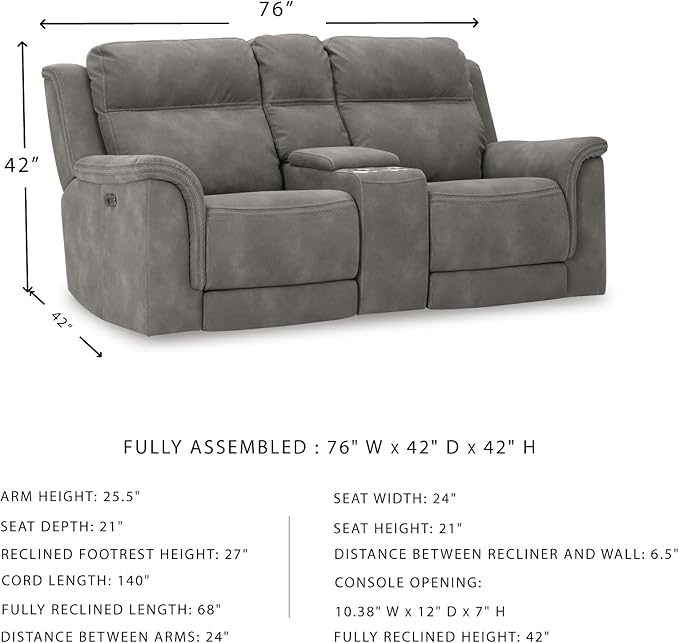 Signature Design by Ashley Next-Gen DuraPella Power Reclining Loveseat with Console & Adjustable Headrest, USB, Faux Leather, 76" W x 42" D x 42" H, Slate