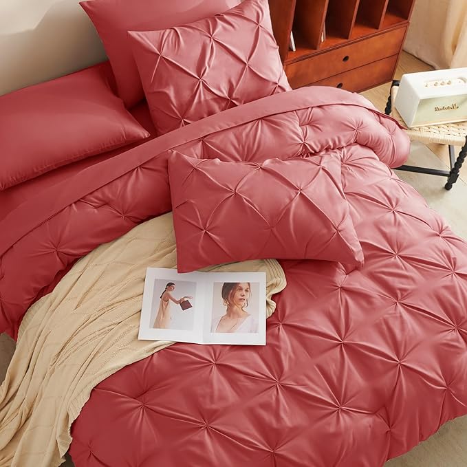 CozyLux Queen Comforter Set Coral, 7 Pieces Pintuck Bed in A Bag, Premium Coral Comforter Queen Size, Pinch Pleat Bedding Sets with Comforter, Flat Sheet, Fitted Sheet, Pillowcases & Shams